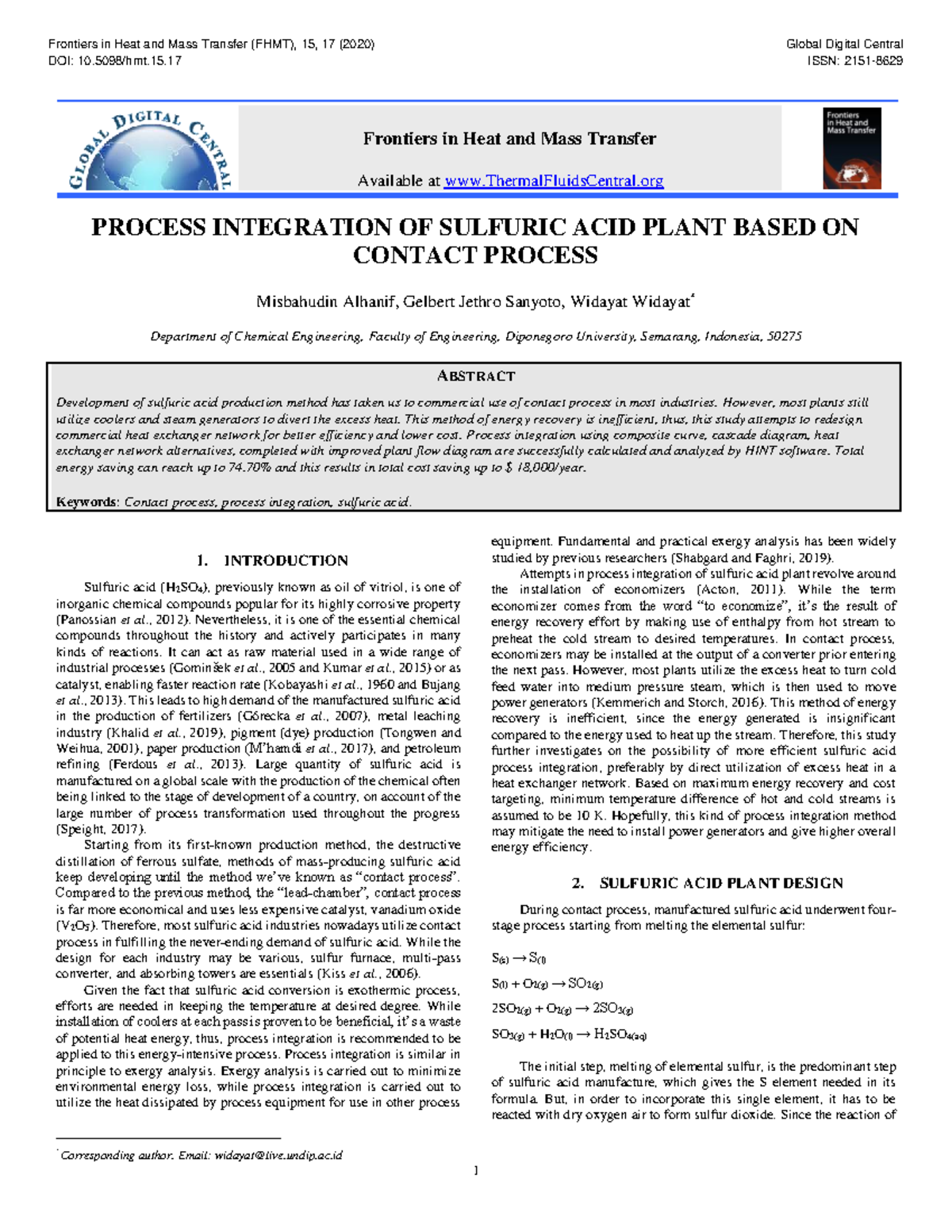 Process Integration of Sulfuric Acid Plant Based on Contact Process ...