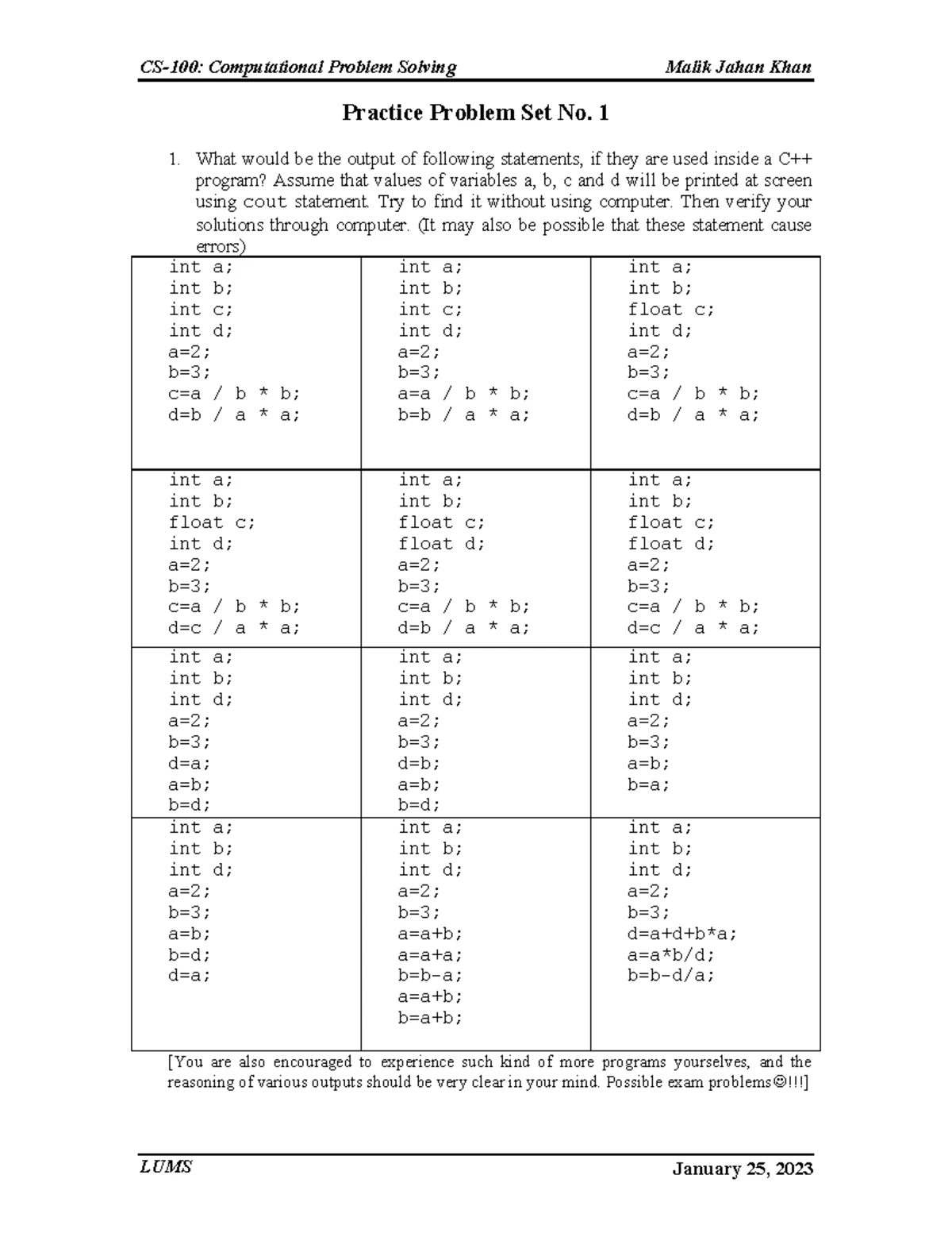 Practice Problem Set 2 - CS100: Computational Problem Solving February ...