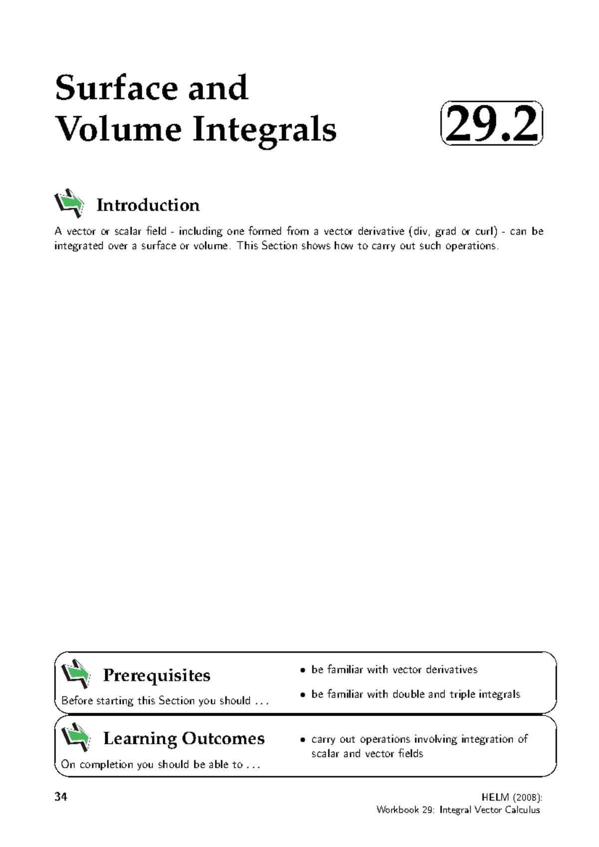 Surface and Volume Integral Worksheets for Vector Calculus (HELM 29.2 ...