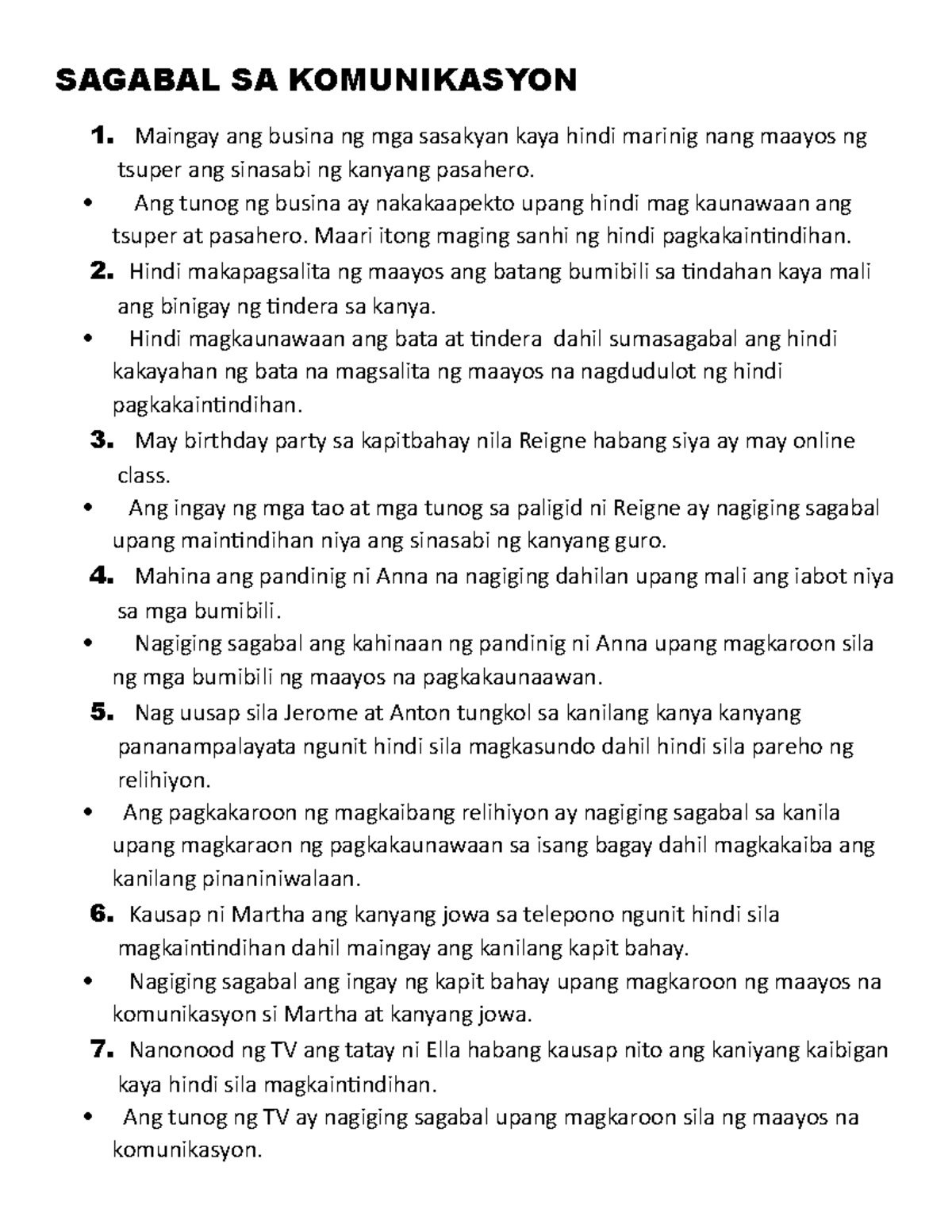 SAGABAL SA KOMUNIKASYON: Halimbawa at Epekto ng Ingay at Hadlang - Studocu