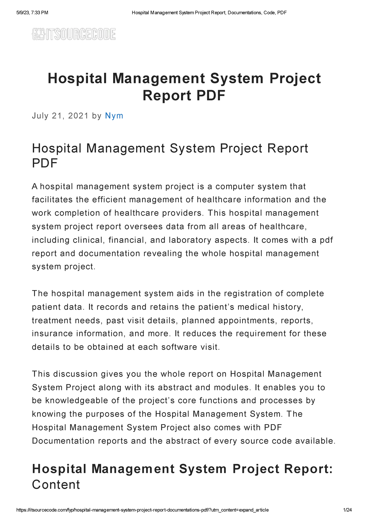 Hospital Management System Project Report, Documentations, Code ...