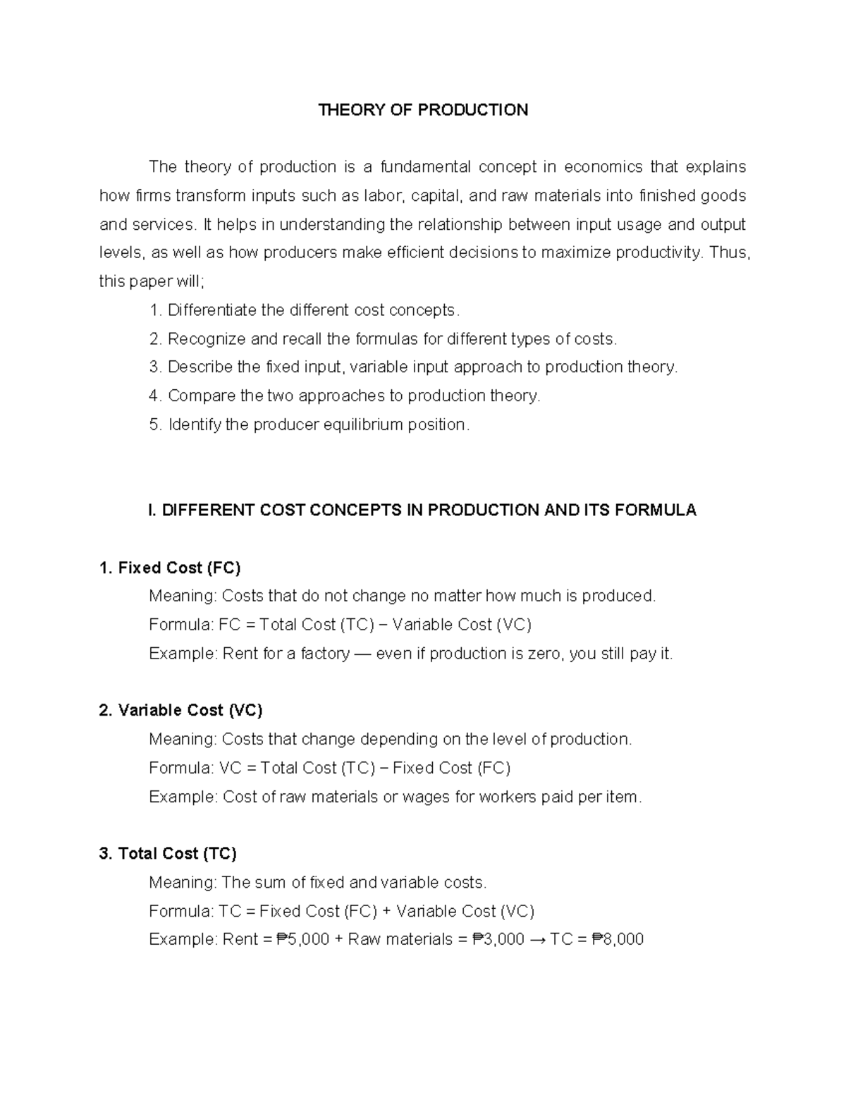 Theory of Production: Key Concepts and Cost Analysis - Studocu