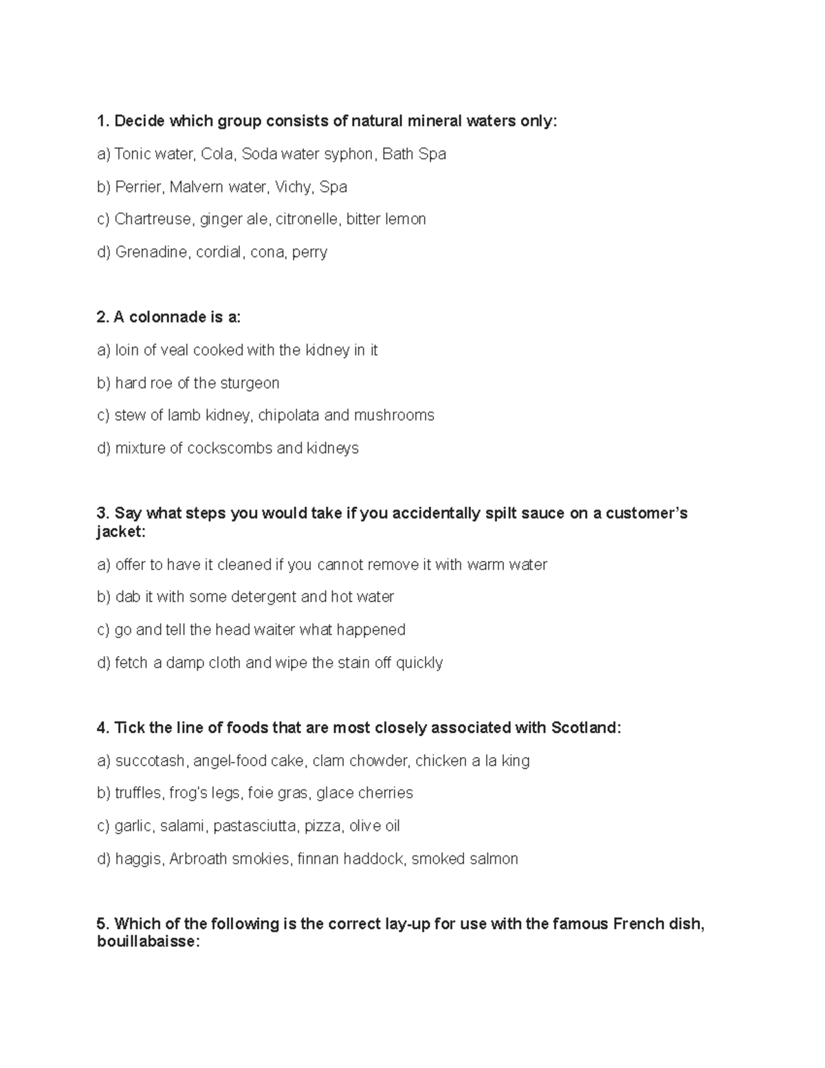 MCQ F B - MCQ F and B - Basics Of F&B Operations - PU - Studocu