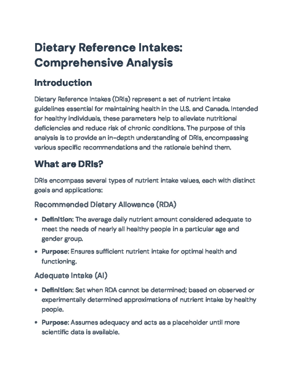 Dietary Reference Intakes (DRIs): Comprehensive Nutritional Analysis ...