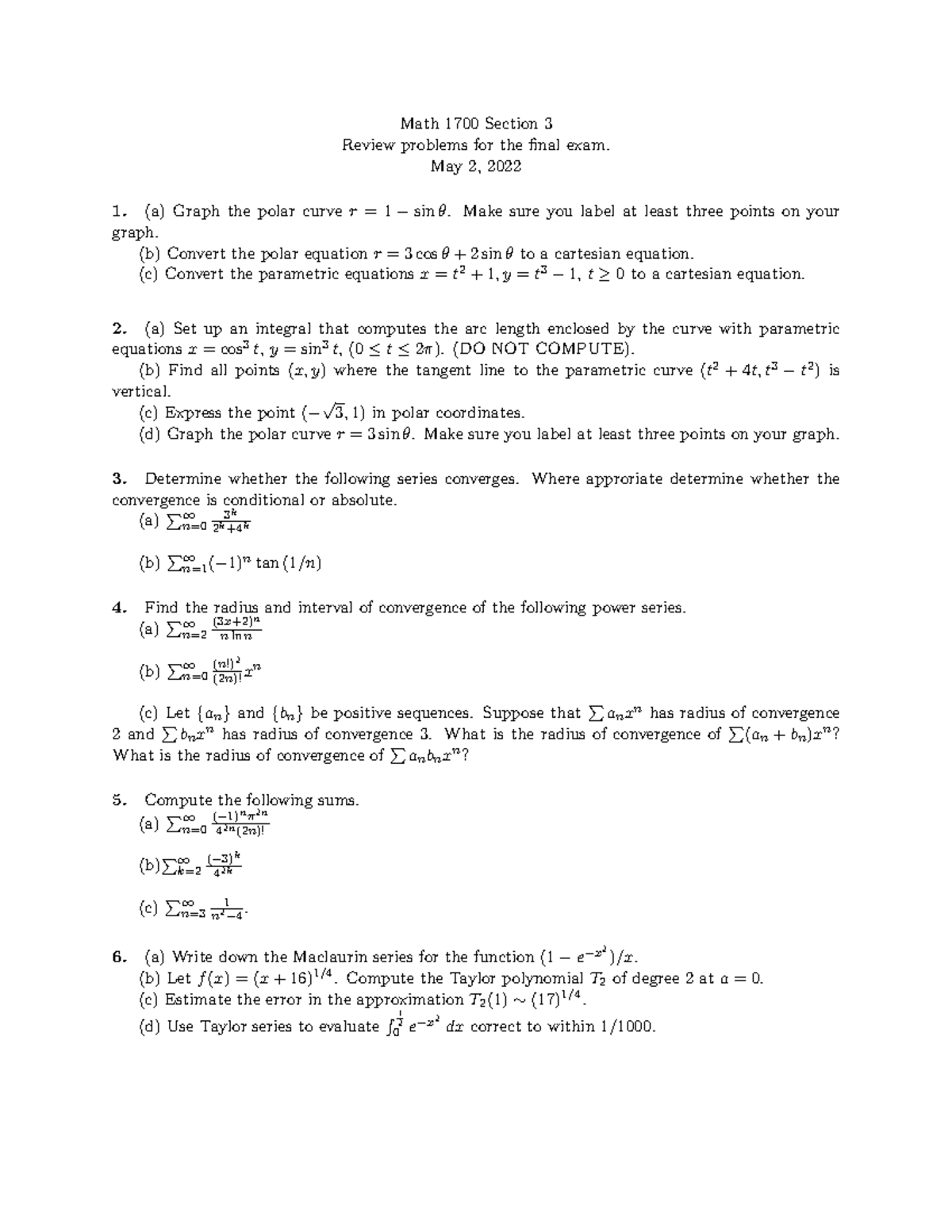 Math 1700: Final Exam Practice Problems & Solutions (2022) - Studocu