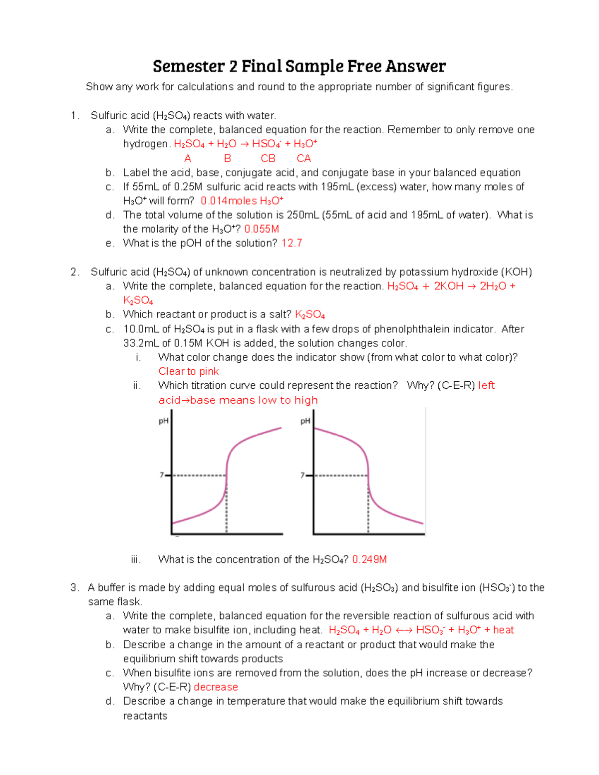 Semester 2 Final Exam Sample Free Answer Key for Chemistry Topics - Studocu
