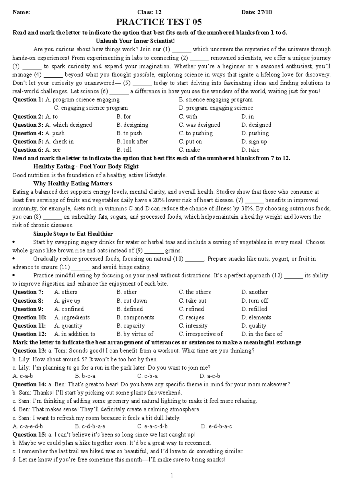 ĐỀ ÔN TẬP SỐ 1 TN THPT 2025 - PRACTICE TEST 05 - Studocu