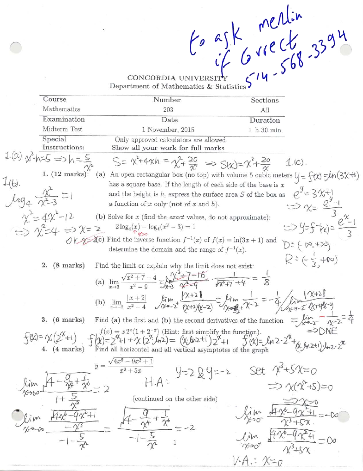 Midterm Exam MATH 203 - Concordia University, Nov 2015 - Studocu