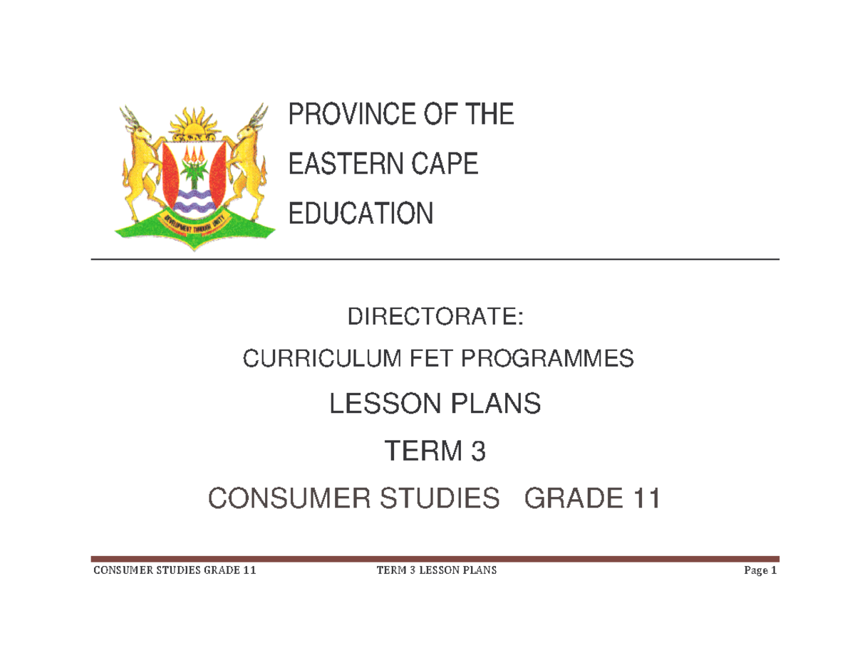 LP Gr 11 Term 3 Consumer Studies Lesson Plans and Activities - Studocu