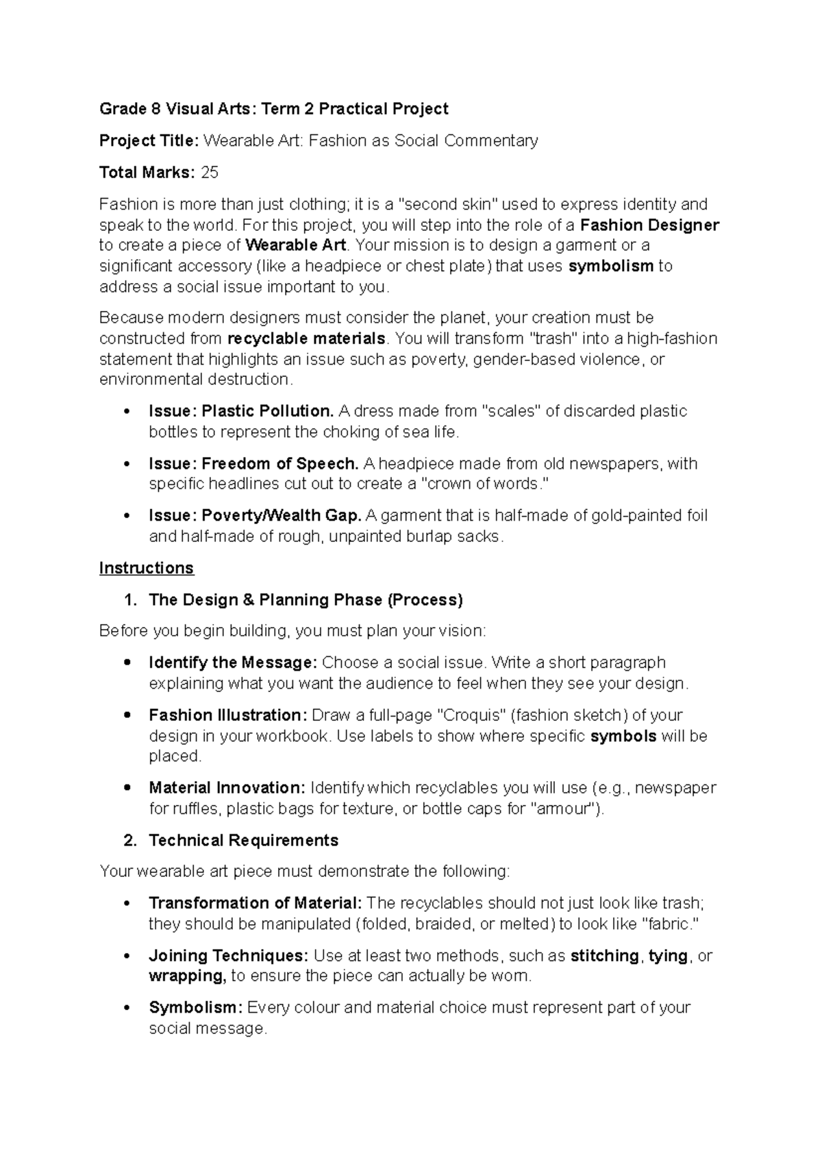 Grade 8 Visual Arts: T2 Practical Project on Wearable Art - Studocu