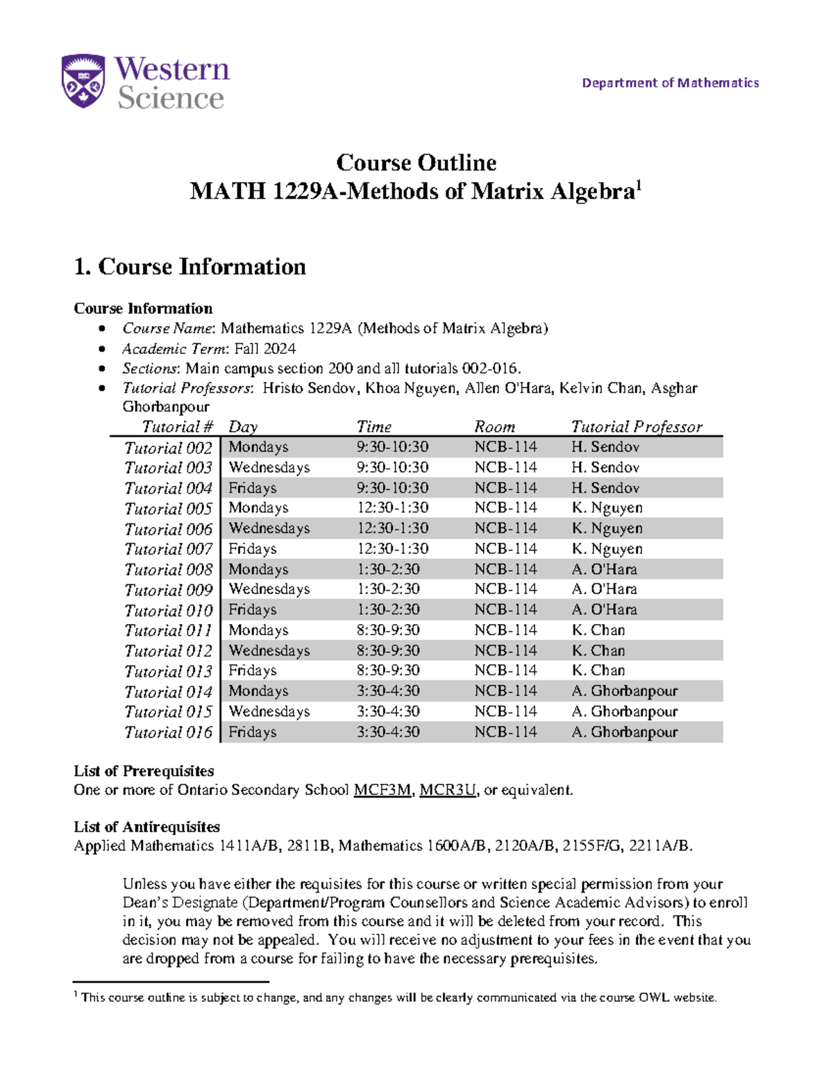 MATH 1229A-Fall2024-Course Outline & Important Course Info - Studocu