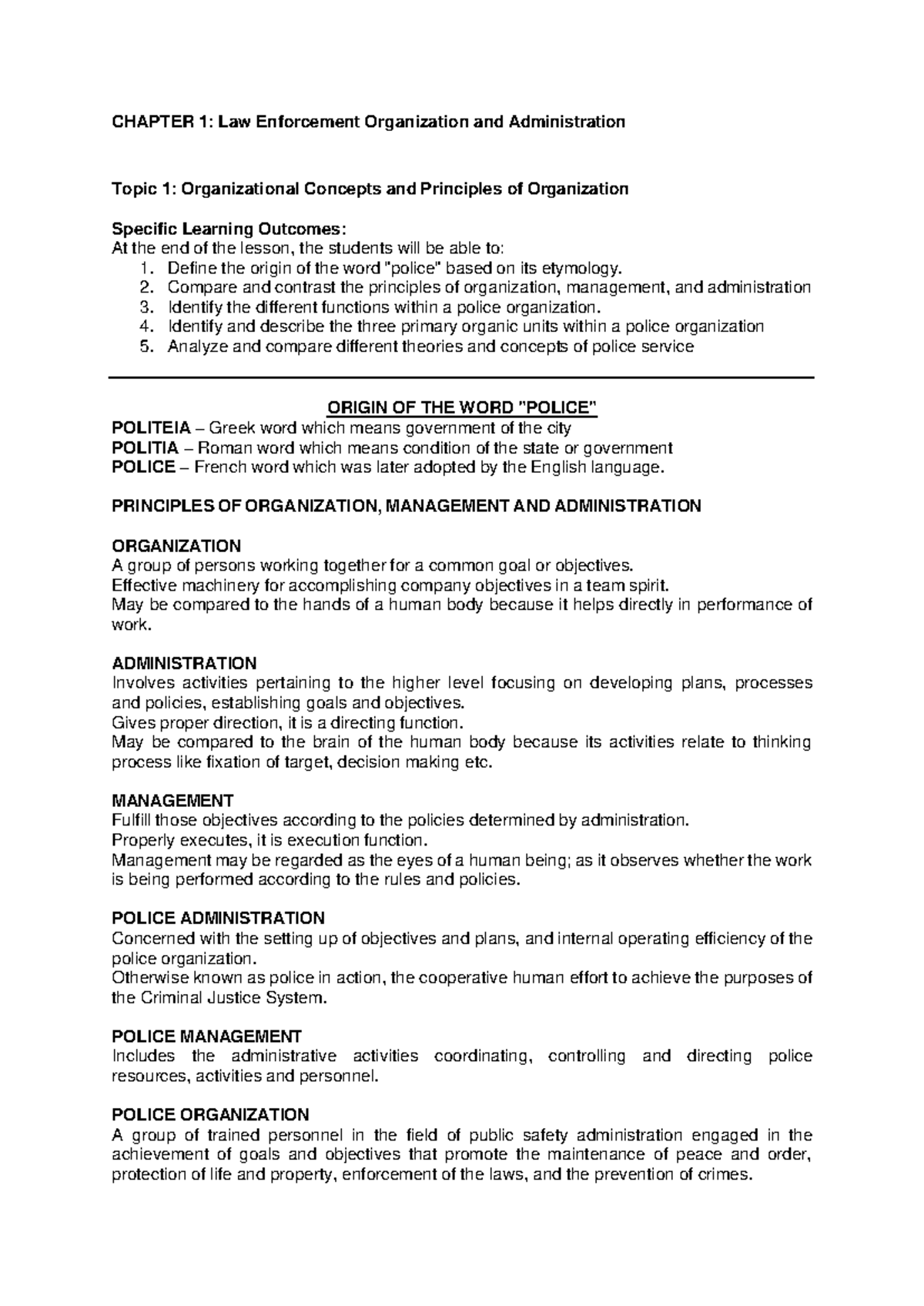 CHAPTER 1: Law Enforcement Org & Admin - Concepts & Principles - Studocu