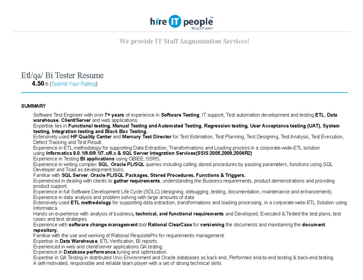 ETL QA BI Tester Resume - Expertise in Software Testing and BI Tools ...