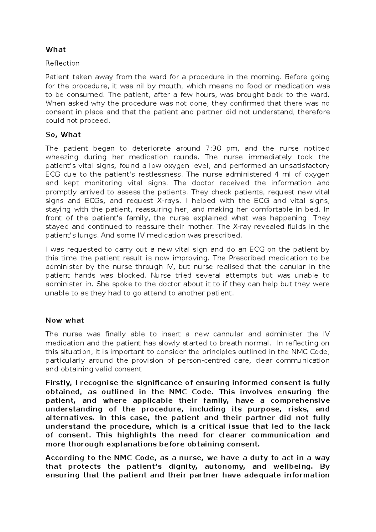 Reflection on Patient Care: NMC Code Compliance & Communication - Studocu