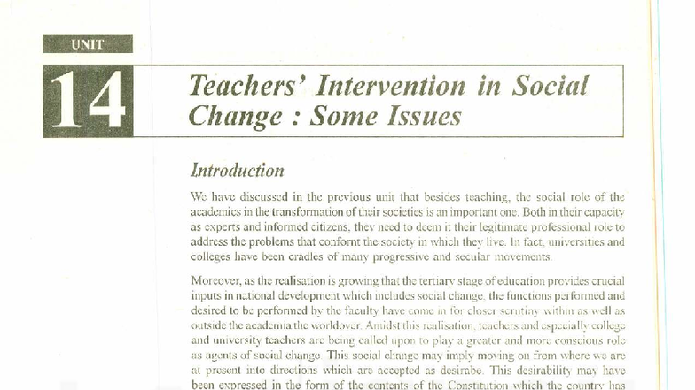 Unit 14: The Role of Teachers as Agents of Social Change - Studocu