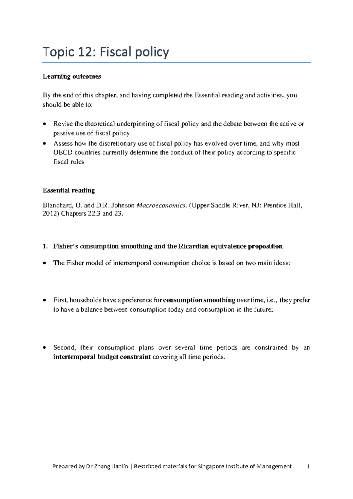 12 Fiscal policy notes - Topic 12: Fiscal policy Learning outcomes By ...