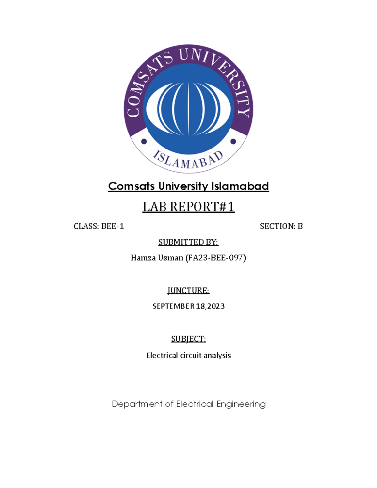 ECA lab report - Comsats University Islamabad LAB REPORT# CLASS: BEE- 1 ...
