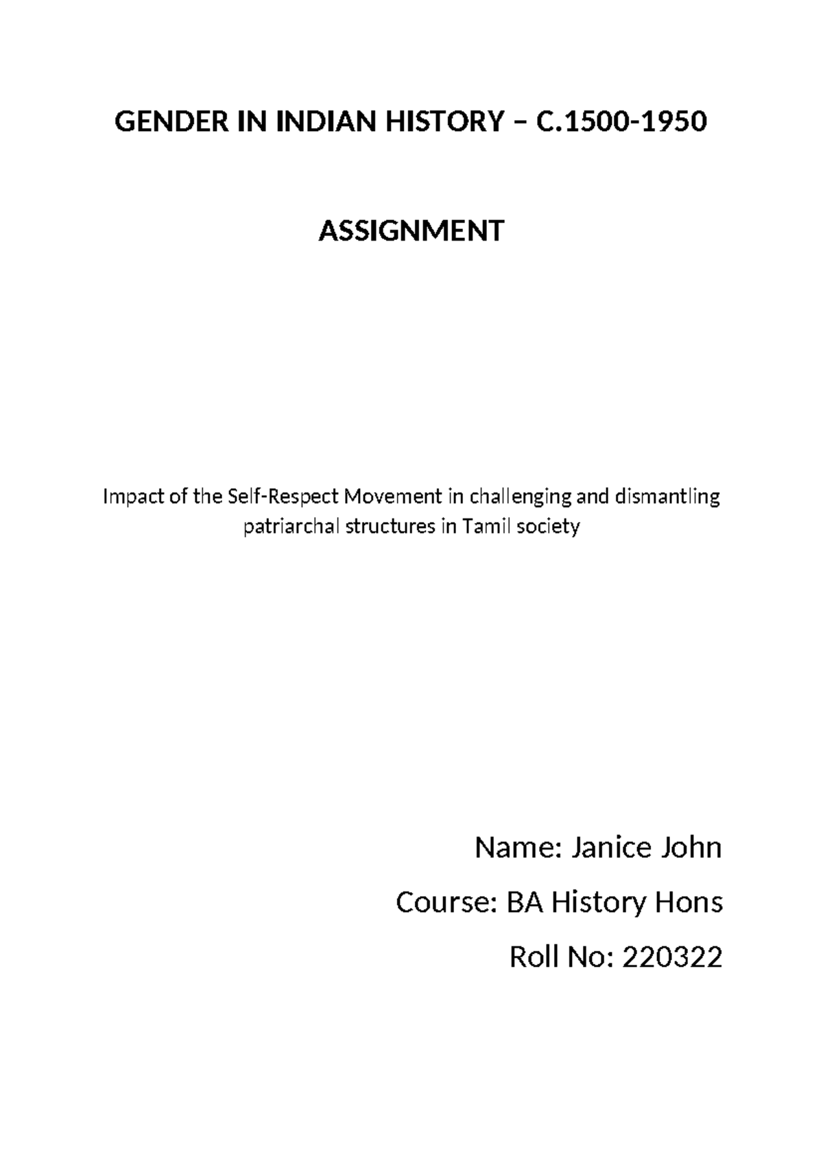 GENDER IN INDIAN HISTORY (BA Hons) - Impact of the Self-Respect ...