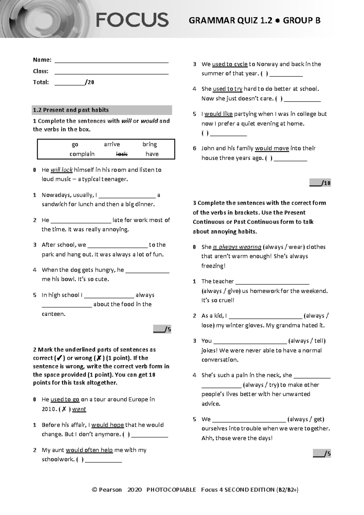 Focus 4 2E Grammar Quiz Unit 1.2 for Group B Students - Studocu
