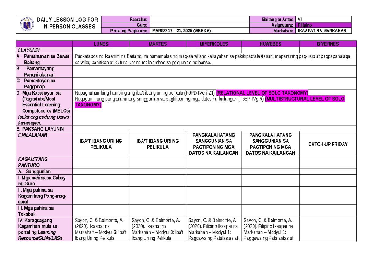 Q4 Filipino Daily Lesson Log (DLL) for Grade 6 - Week 6 - Studocu