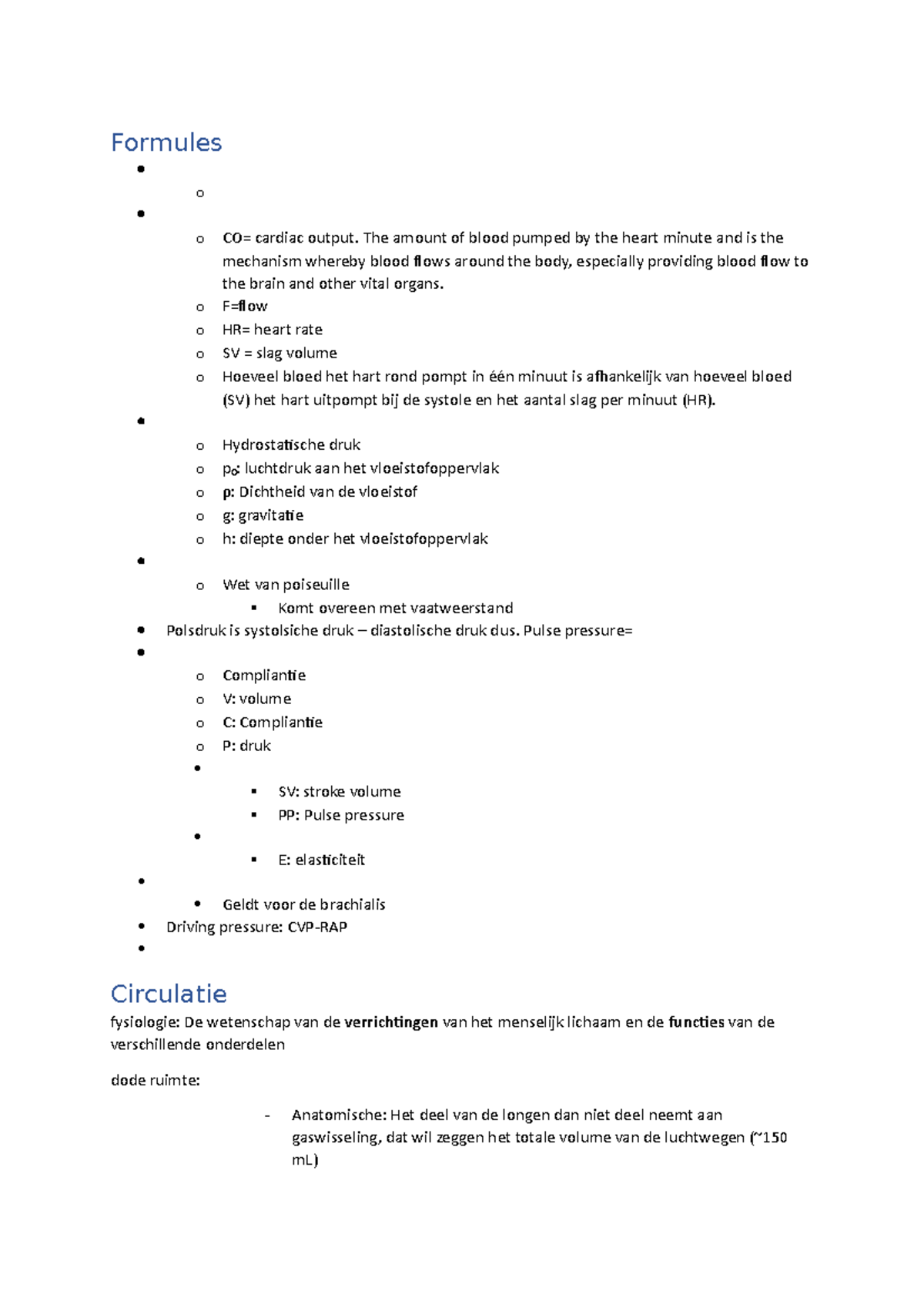 Samenvatting van de Circulatiefysiologie: Formules en Concepten ...