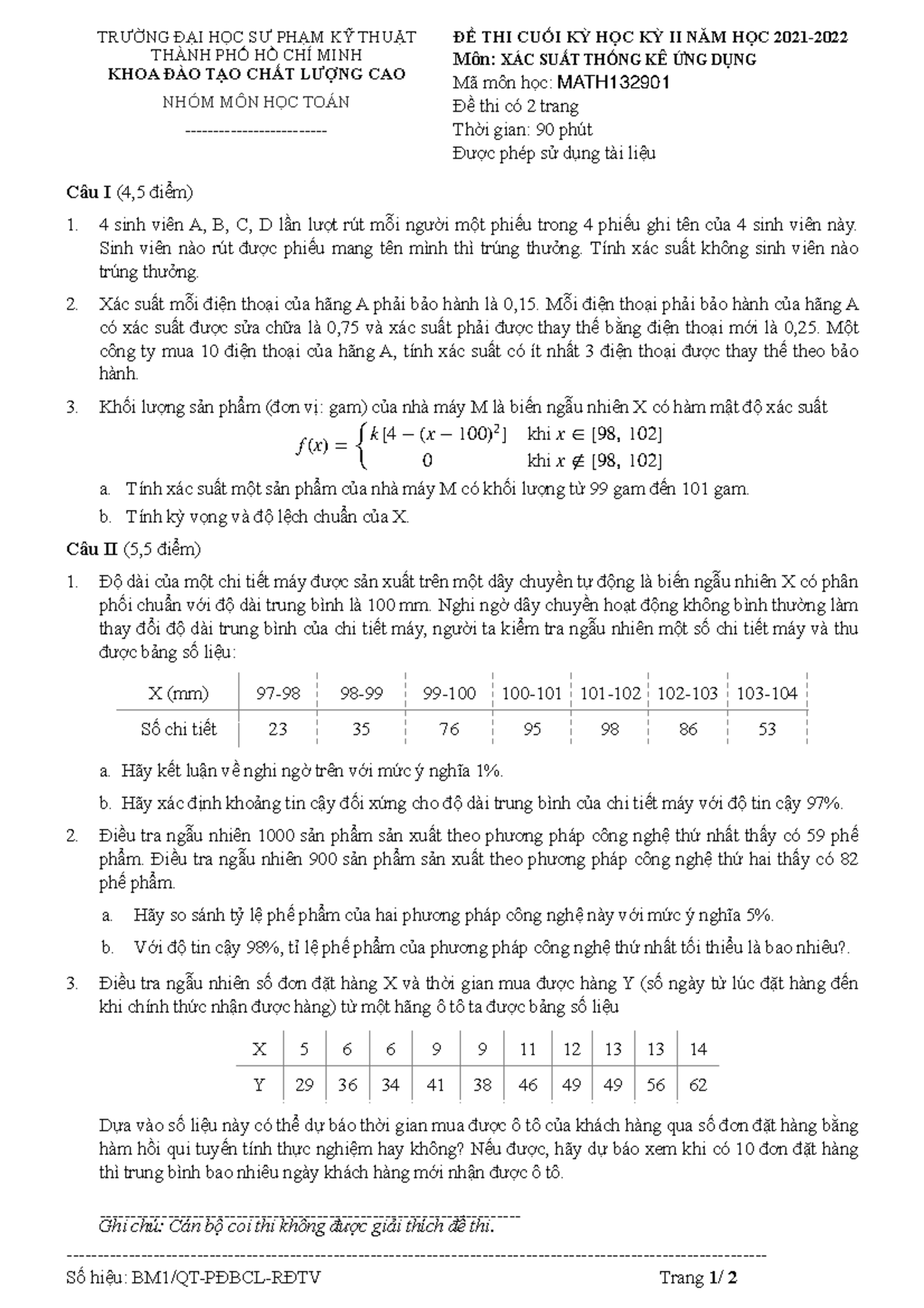 Đ Txstkud CLC(MATH132901)HK2-21 - Câu I (4,5 điểm) 4 sinh viên A, B, C ...