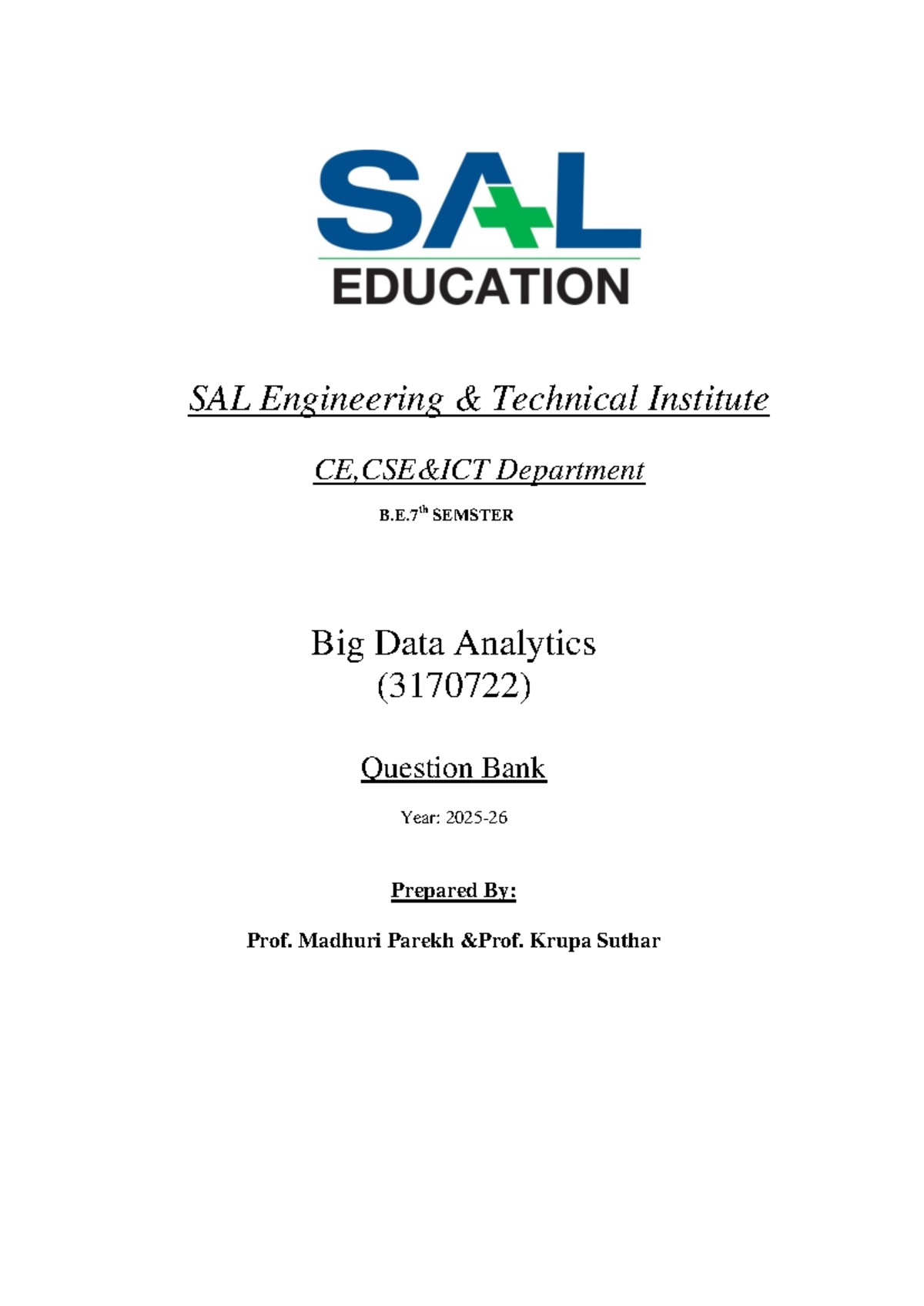 Question Bank for Big Data Analytics (BDA 3170722) - Prof. Madhuri ...