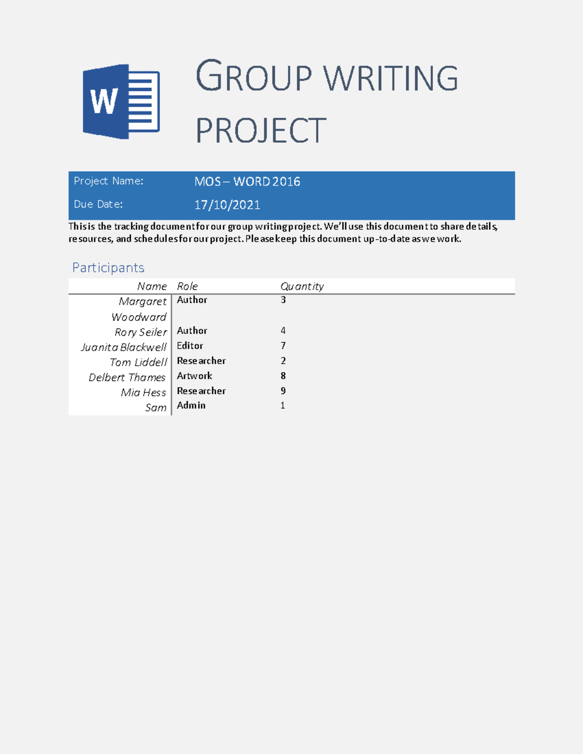 Project 1 - Group Writing Tracking Document for MOS - WORD 2016 - Studocu