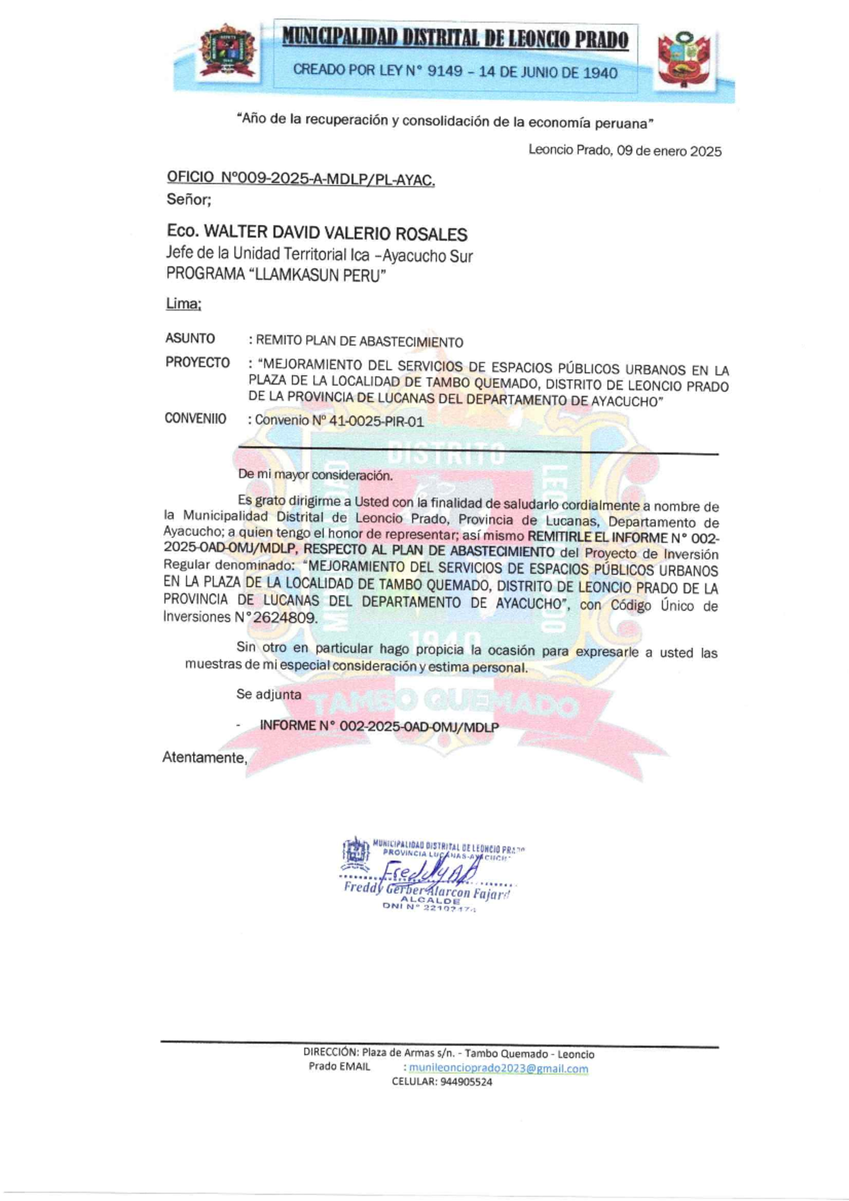 Oficio 009: Plan de Abastecimiento para Proyecto de Servicios Públicos Urbanos - Document Preview
