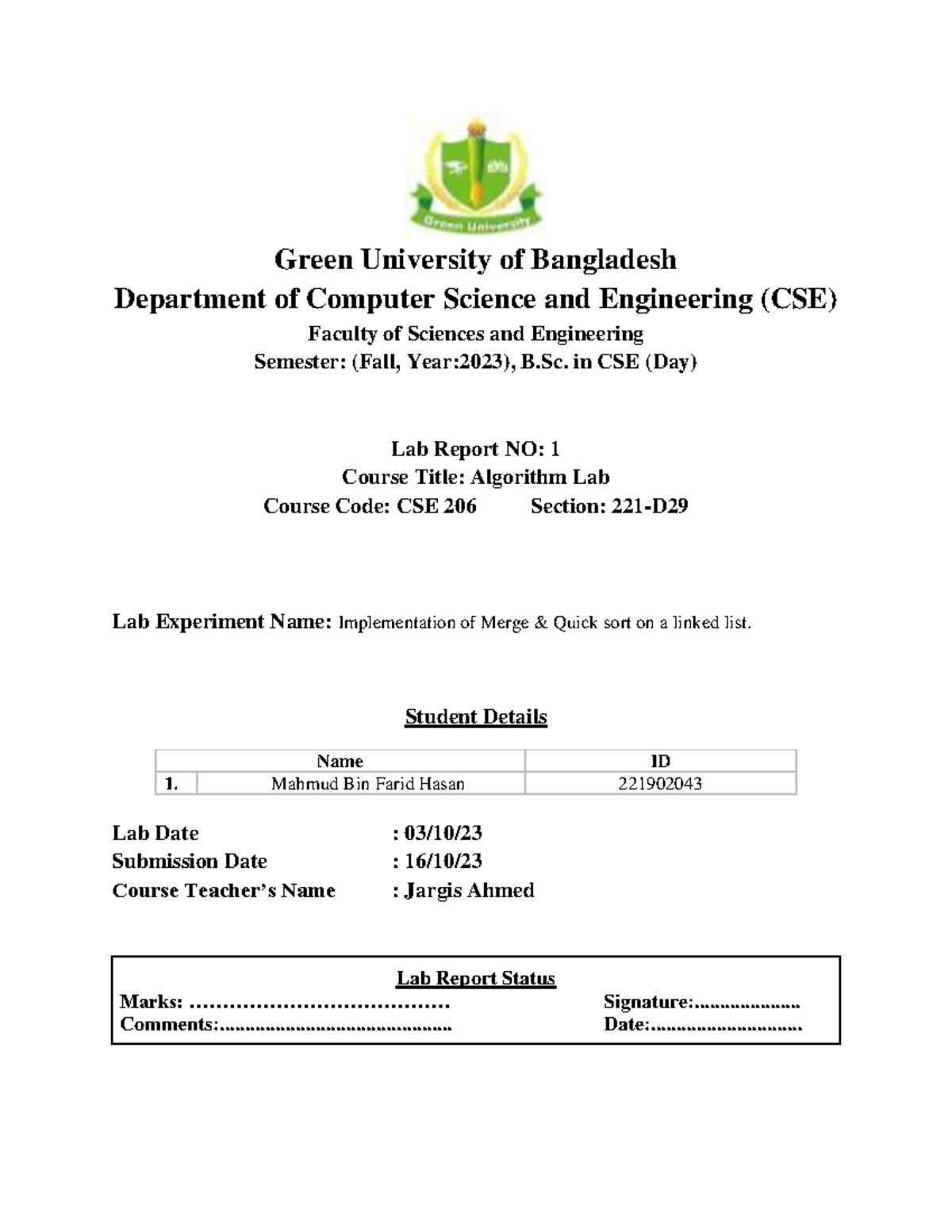 CSE 206 Algorithm Lab Report 1: Merge & Quick Sort on Linked Lists ...