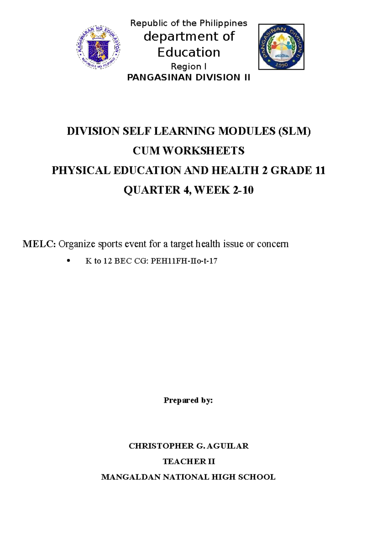 Division Self Learning Modules: Organizing Sports Events for PEH 2 ...