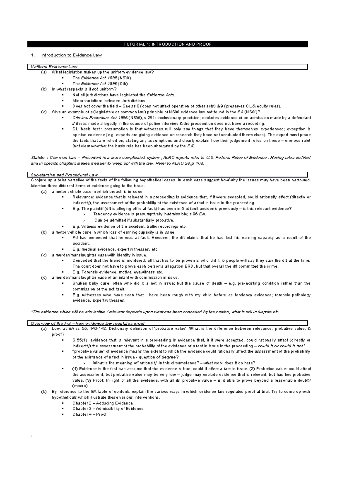 Evidence Law Tutorials - Comprehensive Study Notes for LAW1001 - Studocu