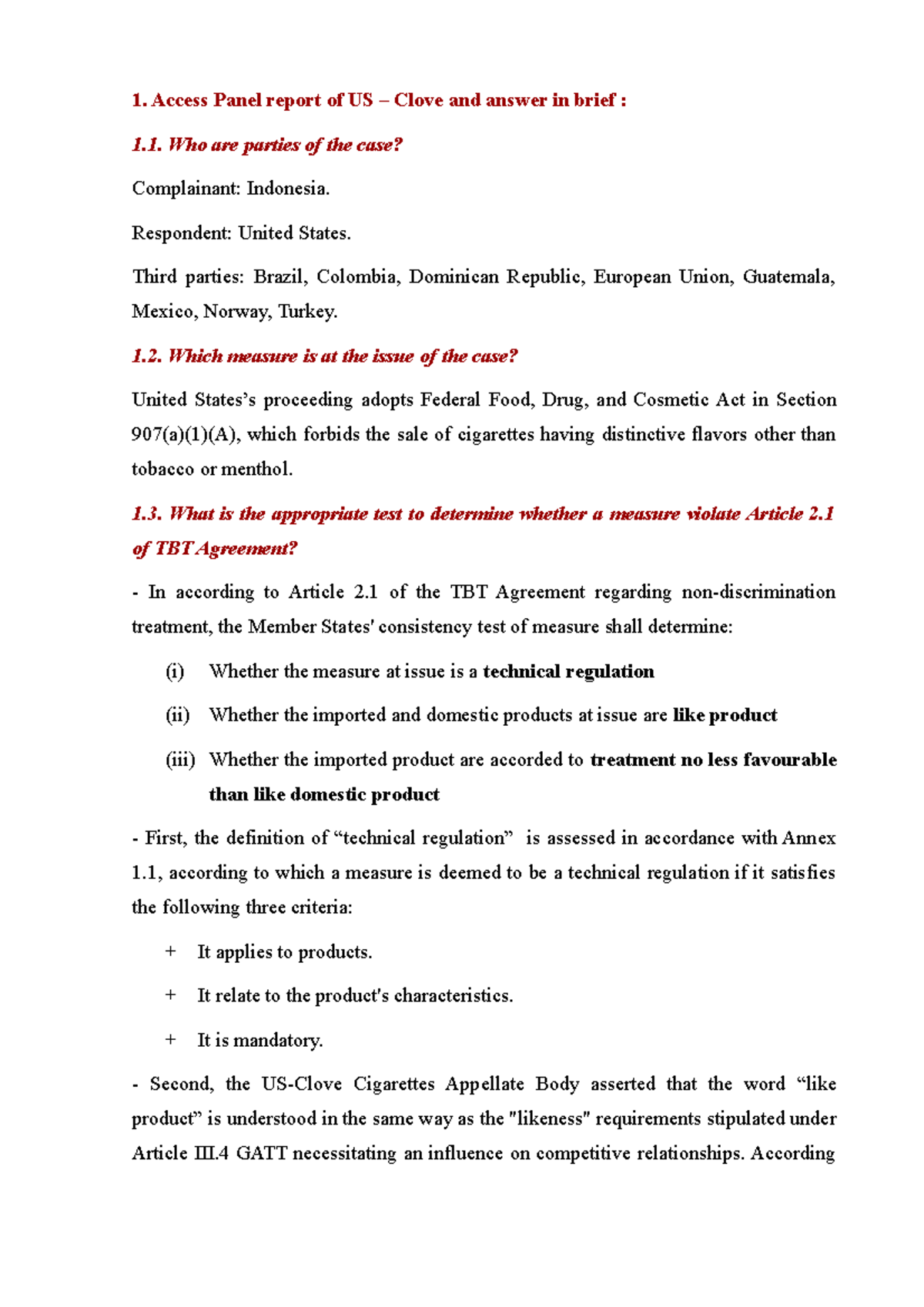 USCL 9: Analysis of TBT Agreement Violations in Clove & Sardines Cases