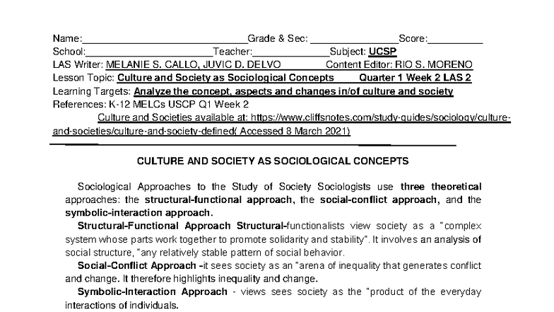 UCSP 11 Q1 Week 2 LAS 2: Culture and Society Concepts - Studocu