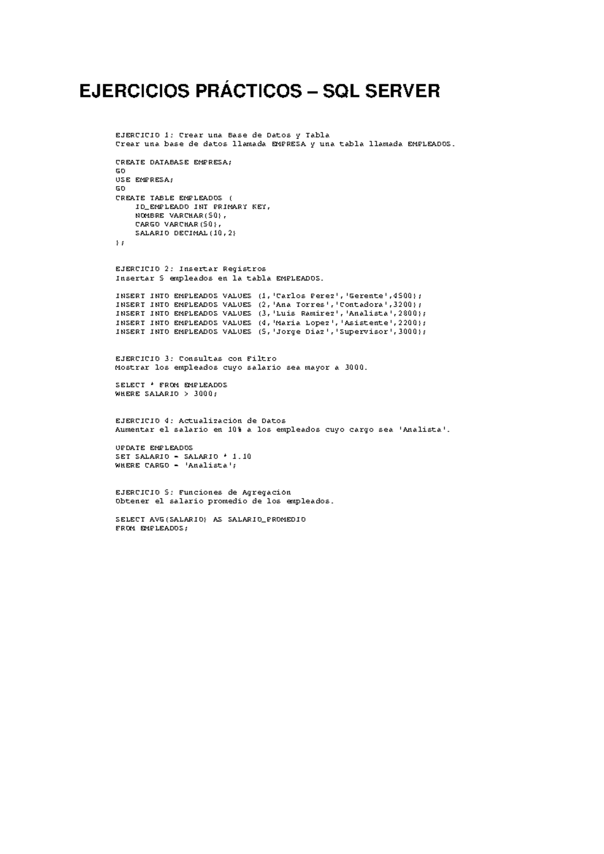 Ejercicios Prácticos de SQL Server: Creación y Manipulación de DB - Studocu