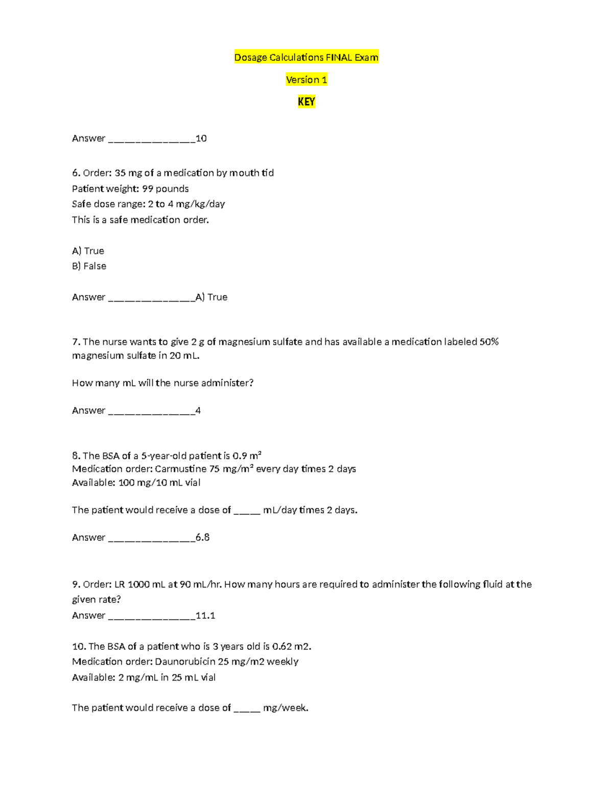 Dosage Calculations Final Exam Practice Questions (Version 1) - Studocu