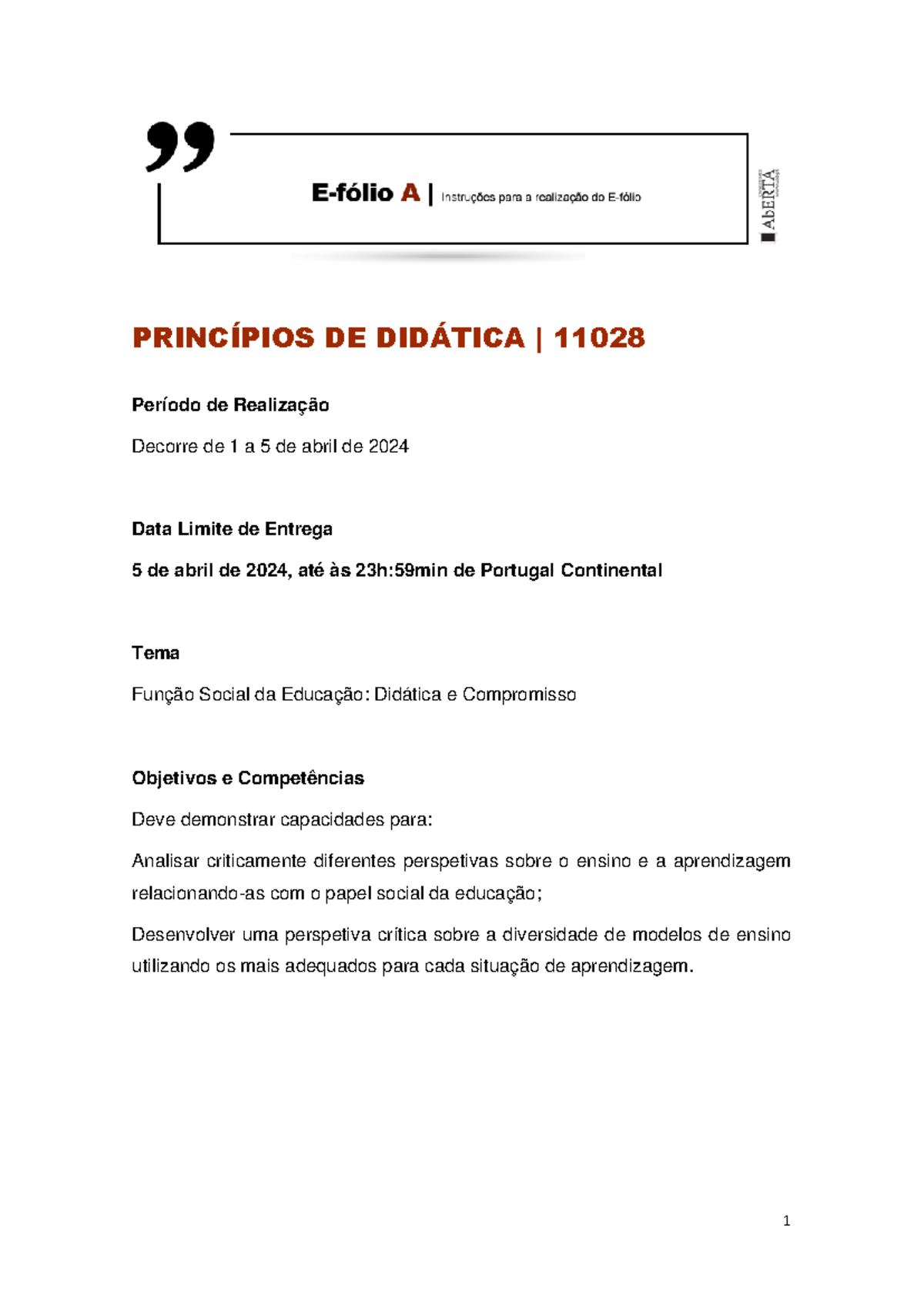 Efólio A 2024: Função Social da Educação e Reflexão Crítica sobre ...