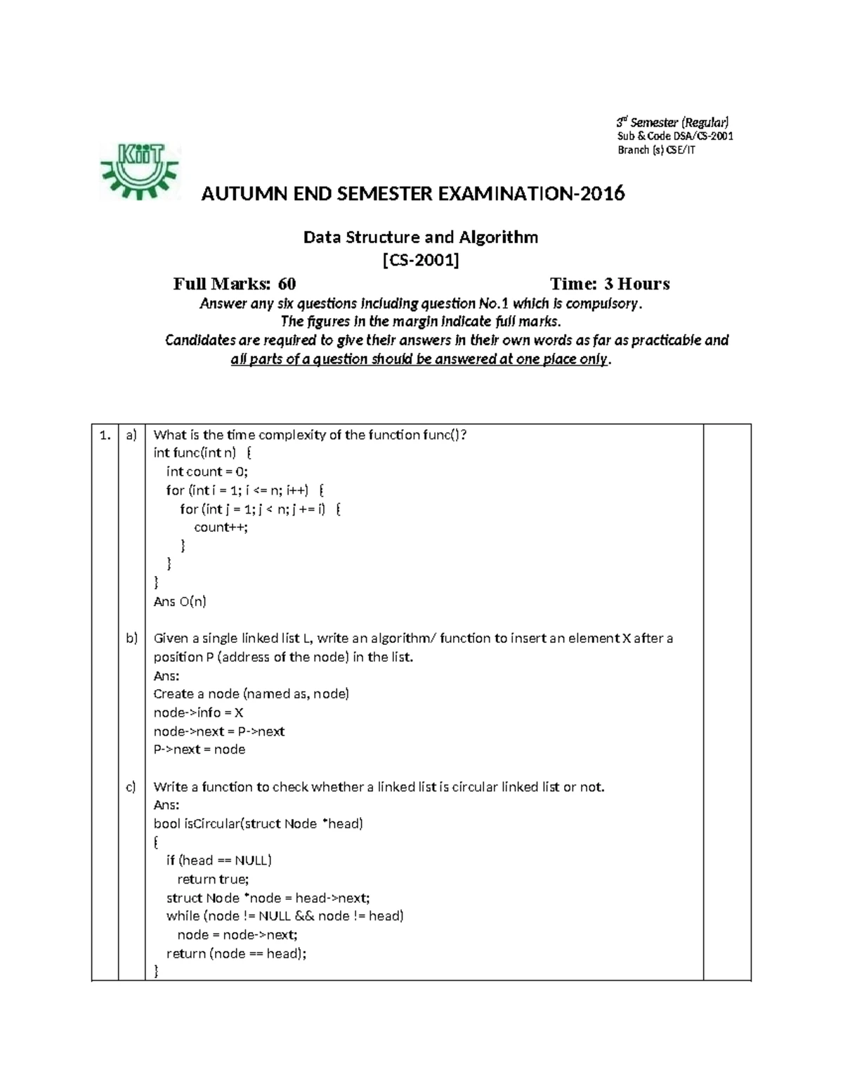 Data Structure & Algorithm DSA CS-2019 End-Sem Exam Solutions - Studocu