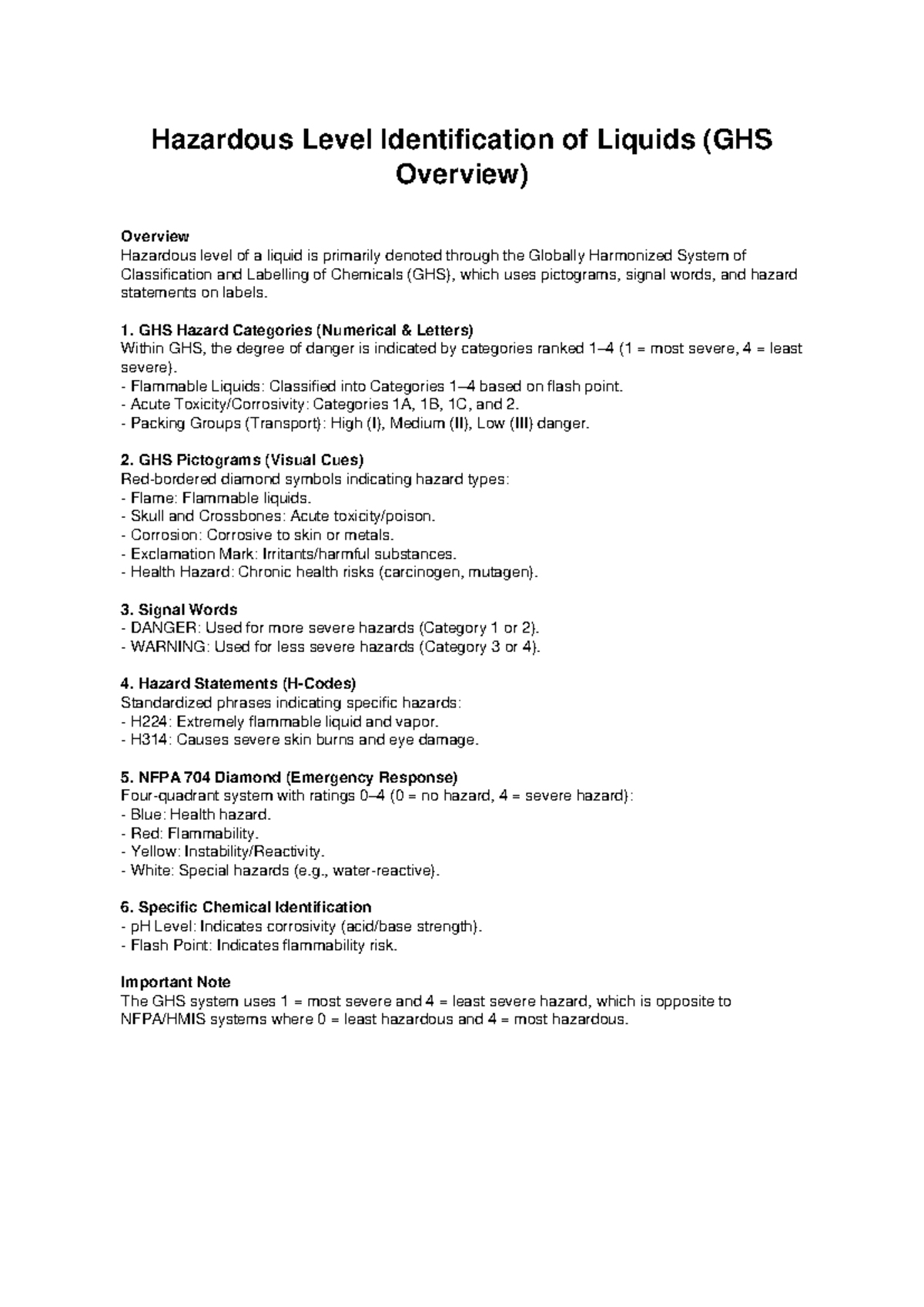 GHS Hazard Levels of Liquids: A Comprehensive Overview - Studocu