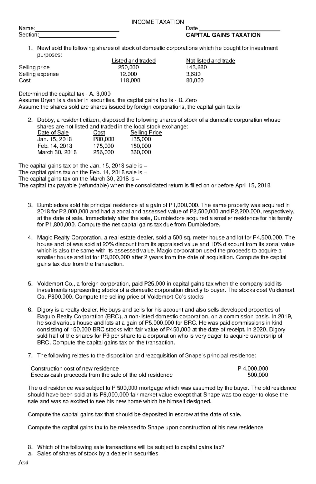 Capital Gains Taxation Exercises - TAX CHAP6 12 - Studocu