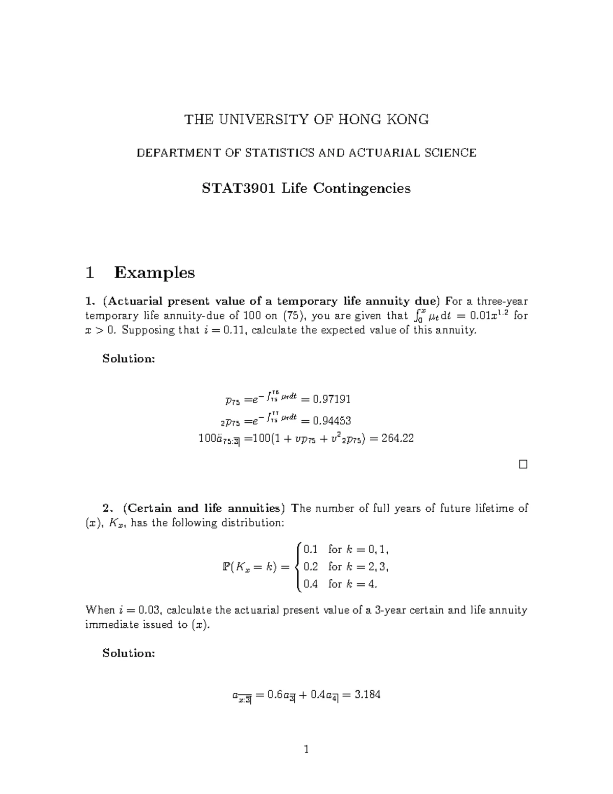 STAT3909 Life Contingencies II: Summary of Useful Formulas - Studocu