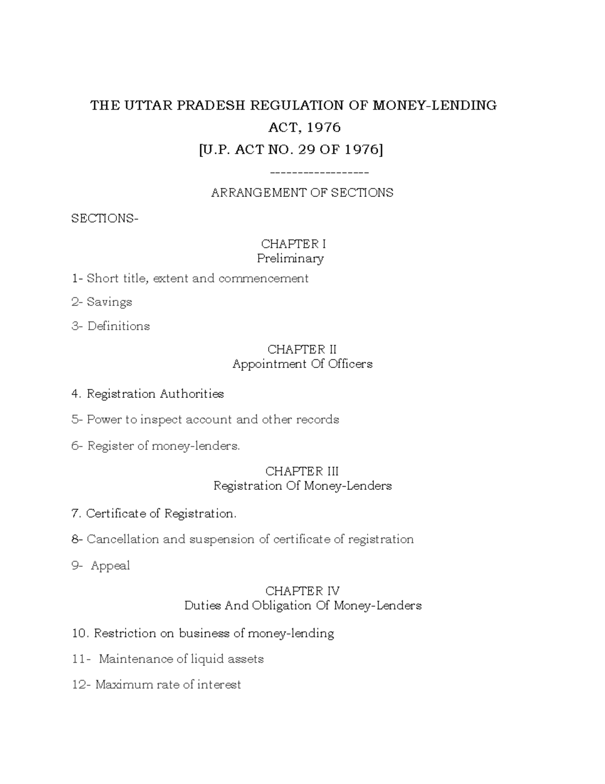 U.P. Money Lending Act, 1976 - Final Exam Notes on Regulation - Studocu
