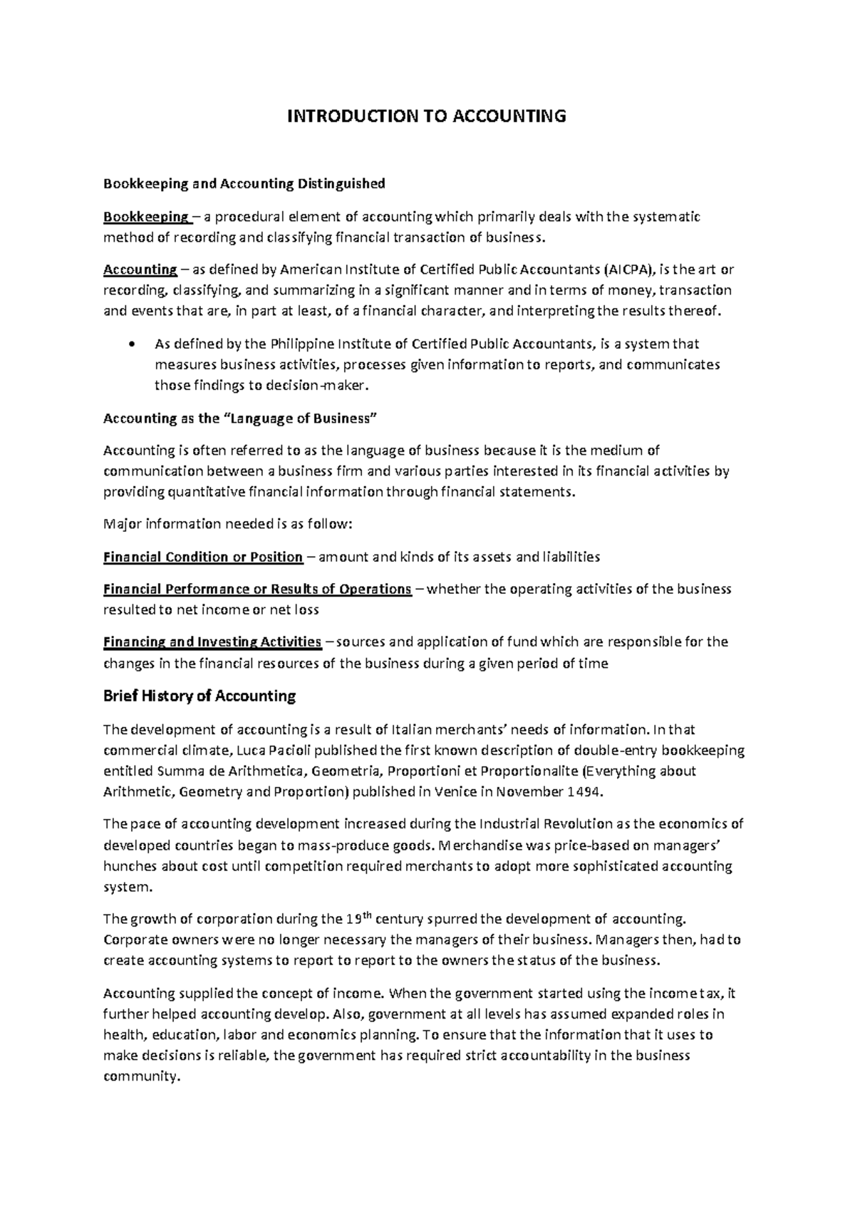 Introduction to Accounting: Concepts, History, and Financial Statements ...