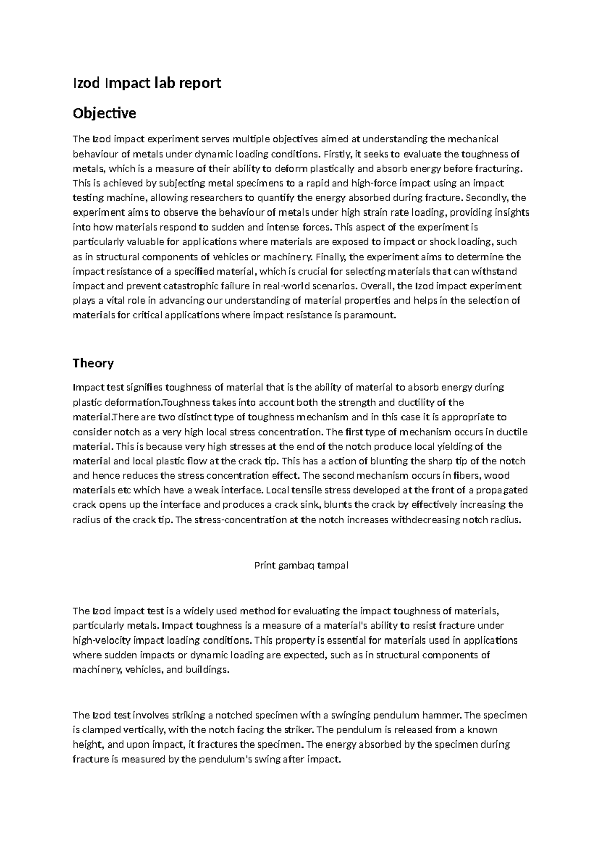 Izod Impact Test Lab Report: Evaluating Metal Toughness and Resistance ...