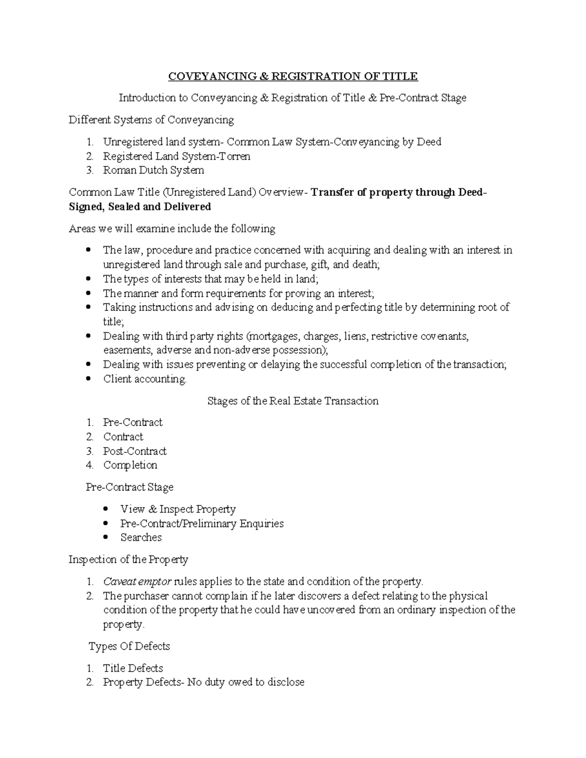 Coveyancing & LAND OF Registration Lecture 1 Resit - COVEYANCING ...