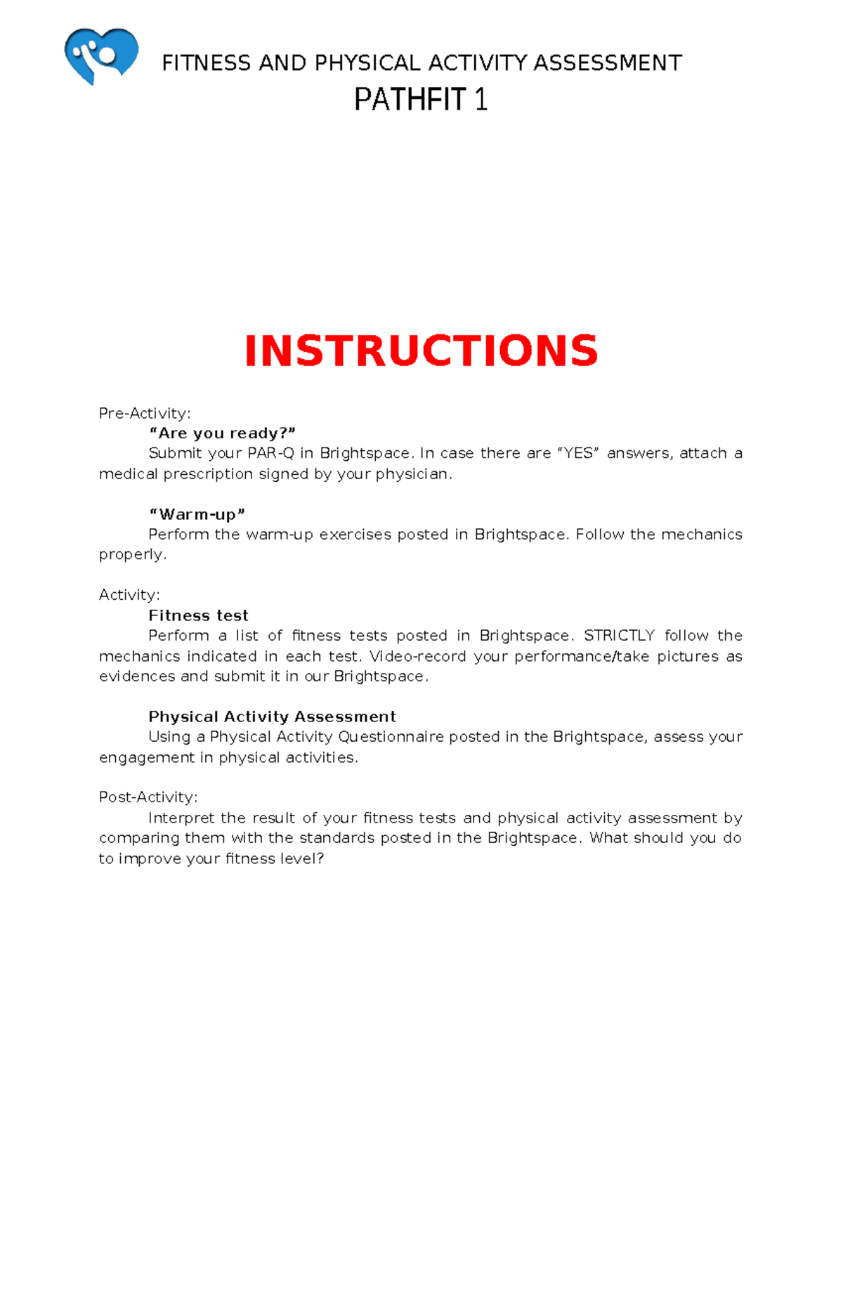Pre-Test 2023 - Pre test - PATHFIT 1 INSTRUCTIONS Pre-Activity: “Are ...