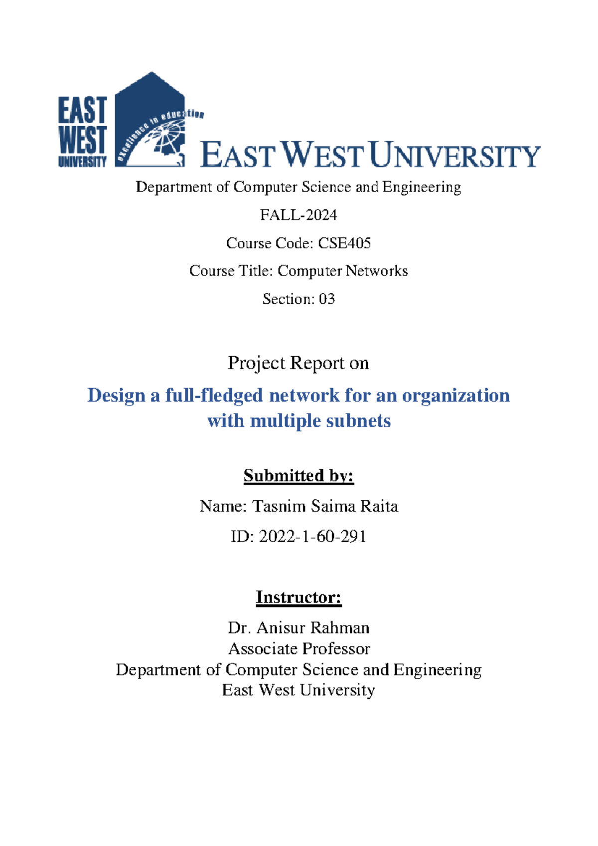 Project Report on Designing a Complex Network for CSE405 - Studocu