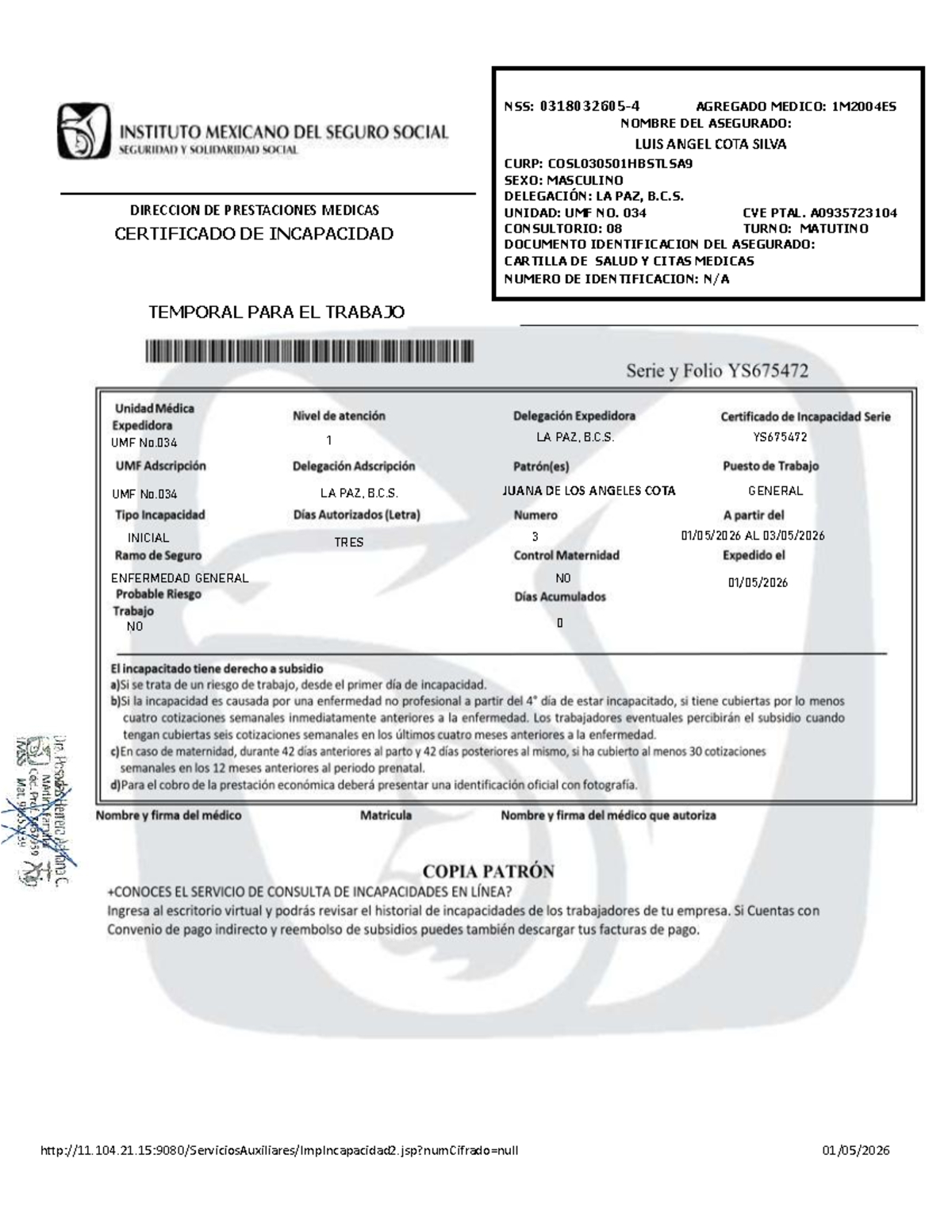 Incapacidad IMSS LUIS Angel - NSS: 0318032605 - 4 AGREGADO MEDICO ...