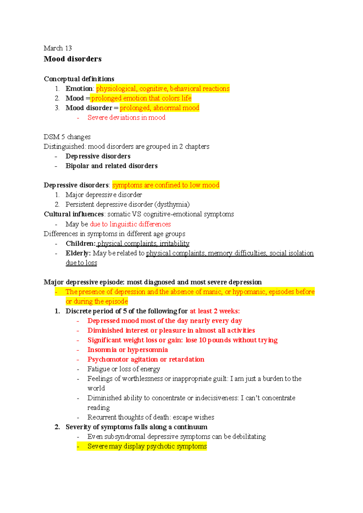 Psyc 300 Final Exam Notes: Understanding Mood Disorders and Treatments ...