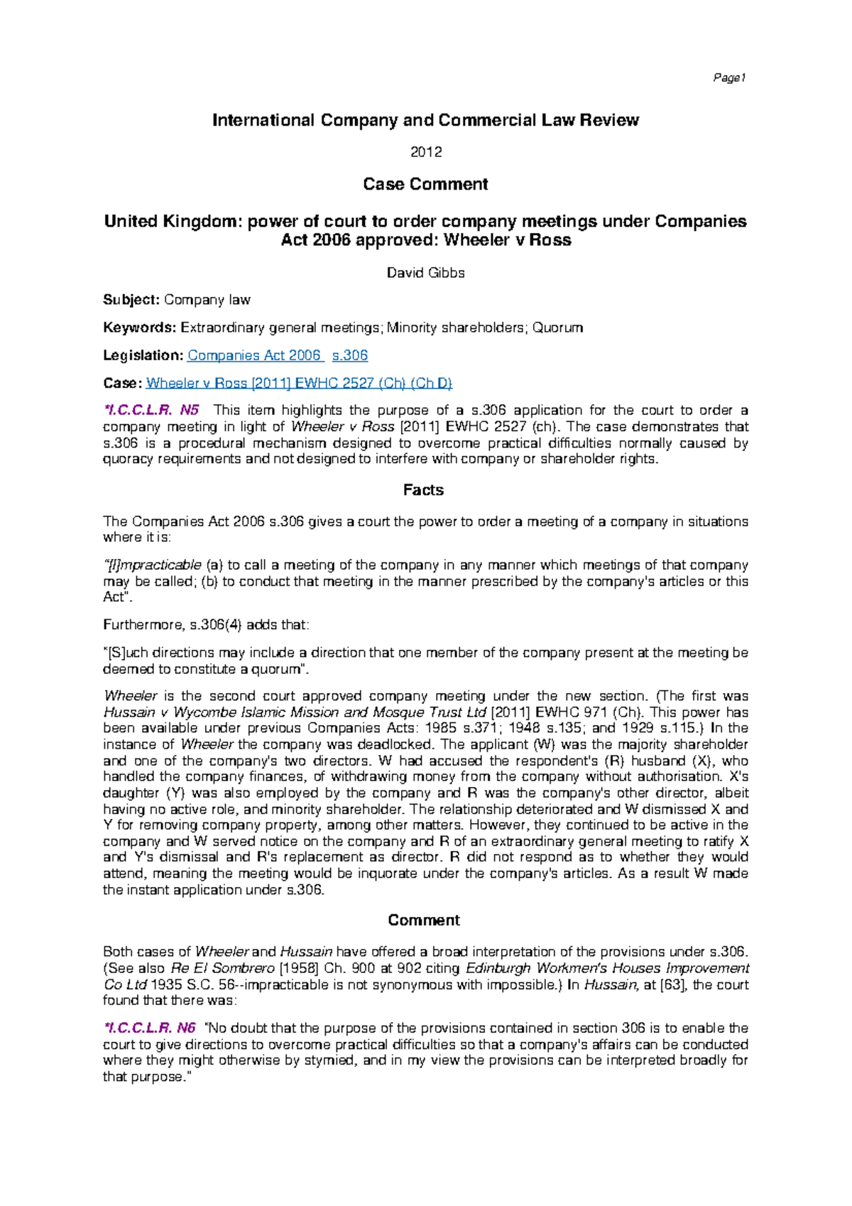 BA International Company Law: Case Comment on Wheeler v Ross - Studocu